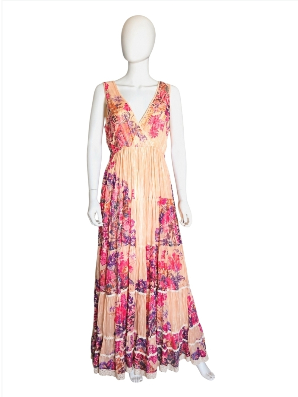 HEMANT & NANDITA | Leah Floral Tiered Maxi Dress | Resort Boho | Size L